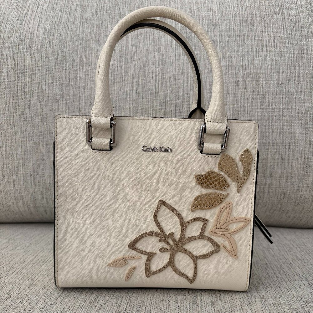 Calvin Klein Small Logan Saffiano Leather Cream Colored w/Floral Design Satchel